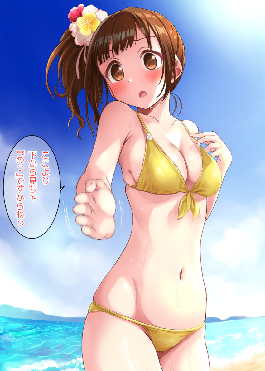 1girl beach bikini blue_sky brown_eyes brown_hair chop cloud commentary_request cowboy_shot day flower hair_flower hair_ornament highres idolmaster idolmaster_cinderella_girls igarashi_kyoko long_hair looking_at_viewer lowleg lowleg_bikini naharyou outdoors side_ponytail sky solo standing swimsuit translation_request yellow_bikini