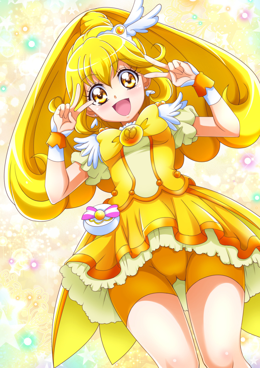 1girl :d bangs bike_shorts blonde_hair cure_peace double_v earrings eyebrows_visible_through_hair floating_hair from_below hair_between_eyes hanzou heart heart_earrings highres jewelry layered_skirt long_hair looking_at_viewer miniskirt open_mouth precure shiny shiny_hair short_shorts short_sleeves shorts shorts_under_skirt skirt smile smile_precure! solo thigh_gap v v_over_eye very_long_hair wrist_cuffs yellow_eyes yellow_neckwear yellow_shorts yellow_skirt