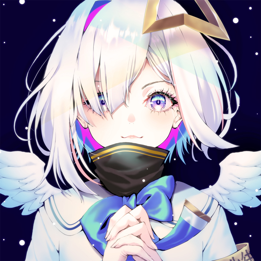 1girl :3 amane_kanata angel_wings armband blue_eyes blue_hair blue_neckwear hair_over_one_eye halo hands_together hololive kubota_masaki multicolored multicolored_eyes multicolored_hair multiple_views pink_hair purple_eyes purple_hair shirt solo star_(symbol) streaked_hair upper_body virtual_youtuber white_hair white_shirt wings