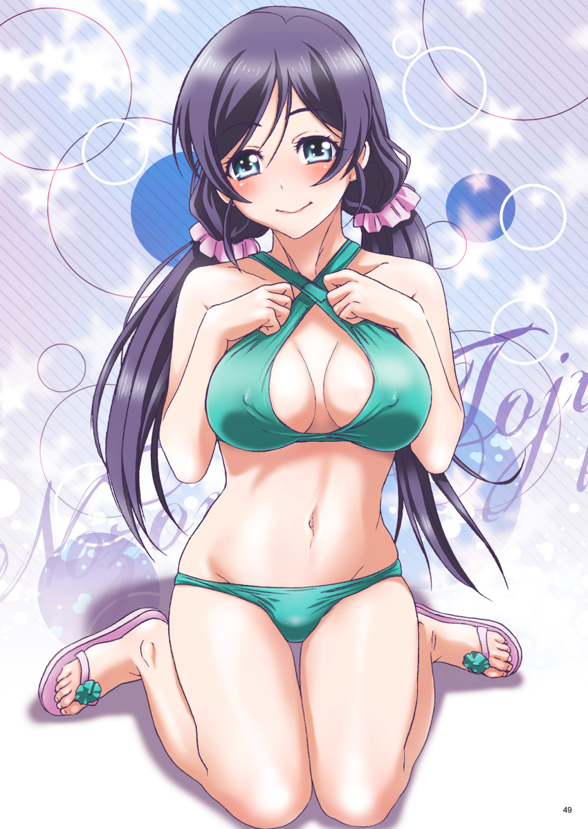 1girl absurdres aqua_bikini bangs bikini blue_background blue_eyes blush breasts character_name cleavage closed_mouth collarbone covered_nipples criss-cross_halter diagonal_stripes floating_hair full_body groin hair_ornament halterneck highres large_breasts long_hair looking_at_viewer love_live! love_live!_school_idol_project lowleg lowleg_bikini nanno_koto navel page_number purple_hair shiny shiny_hair sitting smile solo striped striped_background swept_bangs swimsuit thigh_gap toujou_nozomi twintails very_long_hair wariza