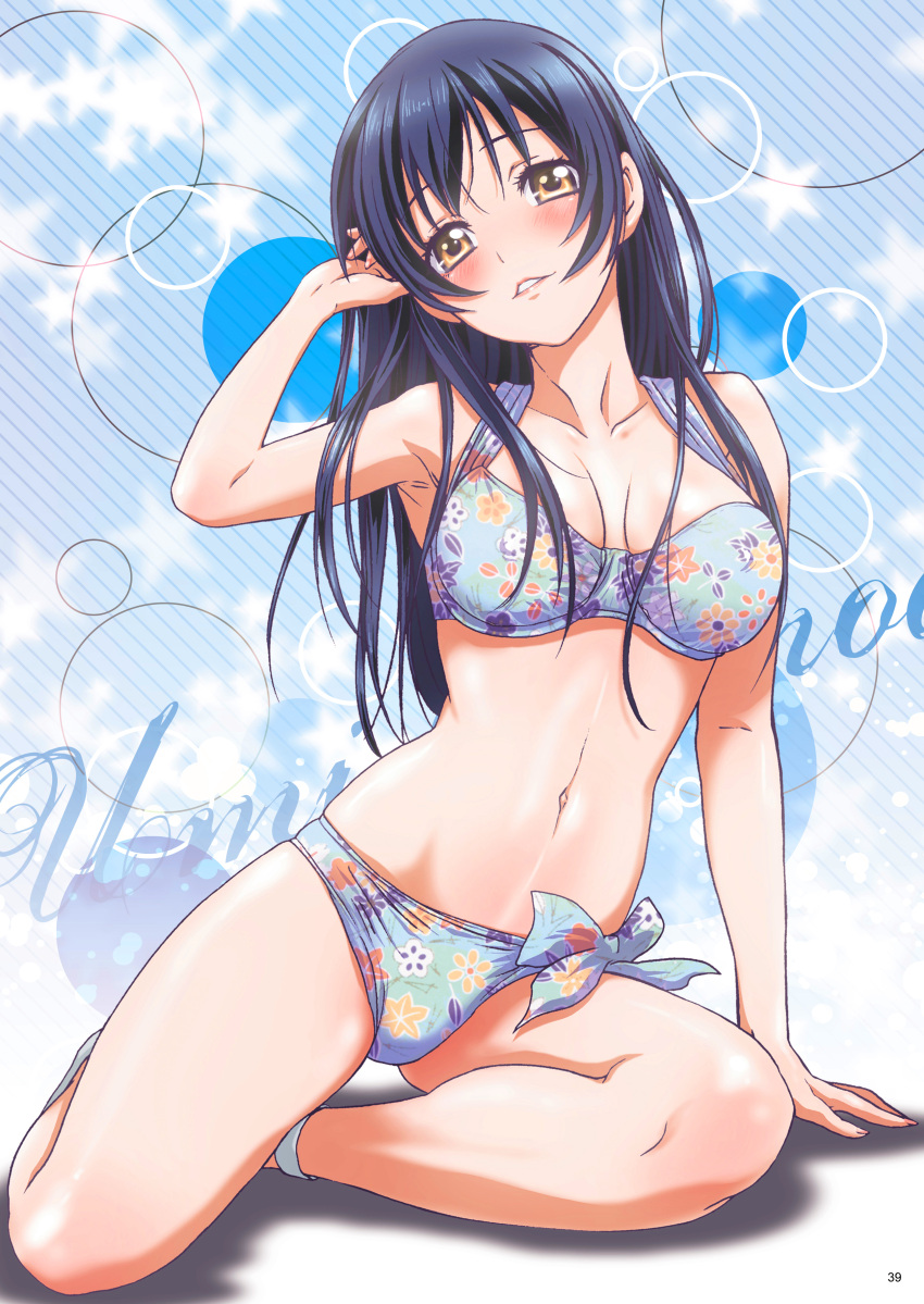 1girl absurdres armpits bikini blue_background blue_bikini blue_bow blue_hair blush bow breasts cleavage collarbone diagonal_stripes floral_print hand_in_hair head_tilt highres long_hair looking_at_viewer love_live! love_live!_school_idol_project medium_breasts nanno_koto navel page_number parted_lips print_bikini shiny shiny_hair shiny_skin sitting solo sonoda_umi straight_hair striped striped_background swimsuit very_long_hair yellow_eyes