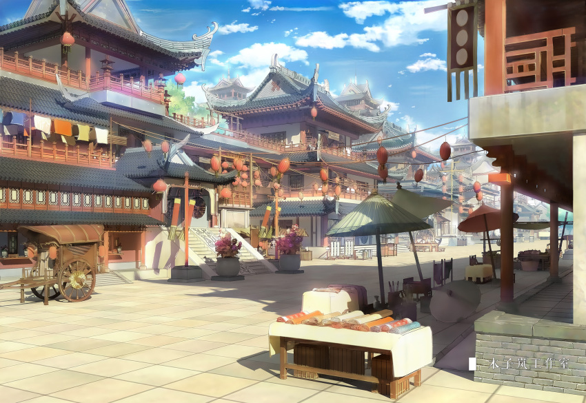 architecture banner blue_sky building chinese_commentary cityscape cloud day east_asian_architecture highres lantern moonslanstudio no_humans oil-paper_umbrella original outdoors road scenery sky stairs table tree umbrella wagon