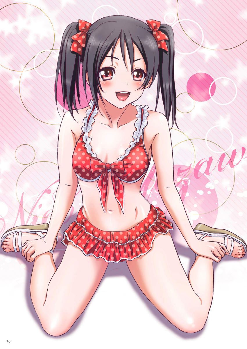 1girl :d absurdres bangs bikini bikini_skirt black_hair blush bow character_name collarbone diagonal_stripes front-tie_bikini front-tie_top hair_between_eyes hair_bow highres long_hair love_live! love_live!_school_idol_project microskirt nanno_koto navel open_mouth page_number pink_background polka_dot polka_dot_bikini polka_dot_bow polka_dot_skirt red_bikini red_bow red_eyes red_skirt shiny shiny_hair sitting skirt smile solo striped striped_background swimsuit twintails wariza yazawa_nico