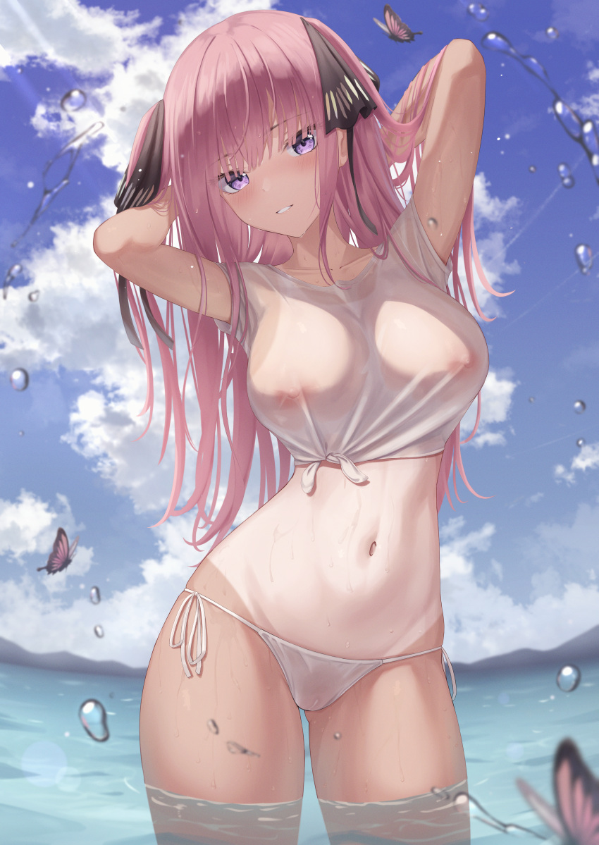 5-toubun_no_hanayome bikini marinesnow nakano_nino nipples no_bra see_through swimsuits tan_lines wet wet_clothes