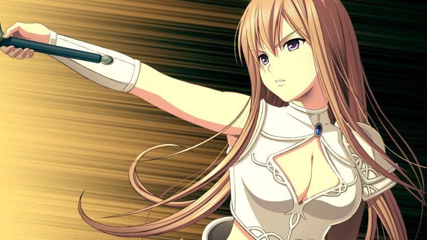 1girl adria_(guild_master) armor blonde_hair breasts cleavage cleavage_cutout clothing_cutout eyebrows_visible_through_hair floating_hair game_cg guild_master_(game) hair_between_eyes holding long_hair m&amp;m medium_breasts official_art outstretched_arm parted_lips purple_eyes shiny shiny_hair shoulder_armor solo straight_hair upper_body v-shaped_eyebrows very_long_hair