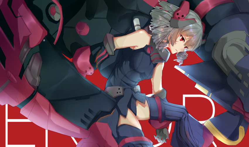 1girl bangs bare_shoulders black_footwear black_gloves black_leotard boots bronya_zaychik bronya_zaychik_(black_nucleus) closed_mouth drill_hair gloves grey_hair hair_between_eyes hair_ornament highres honkai_(series) honkai_impact_3rd leotard project_bunny red_background red_eyes simple_background sleeveless solo thigh_boots thighhighs twin_drills weishao_(jocus82)