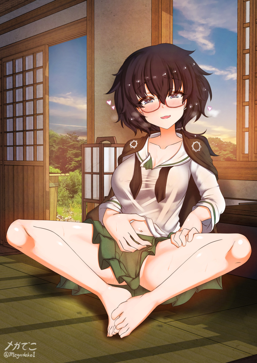 1girl aquaegg black_hair blue_eyes blush breasts clothes_lift collarbone covered_nipples girls_und_panzer glasses green_skirt heart highres indoors large_breasts looking_at_viewer miniskirt navel no_panties ooarai_school_uniform open_mouth oryou_(girls_und_panzer) pleated_skirt ponytail school_uniform shiny shiny_hair shiny_skin shirt_lift sitting skirt sky smile solo