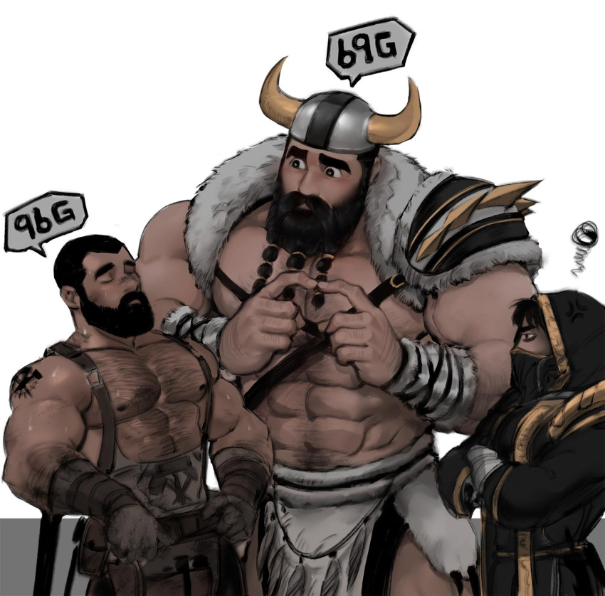 1other 2boys abs ambiguous_gender anger_vein arm_hair armor bara bare_pectorals bare_shoulders beard buzz_cut chest_hair chest_harness embarrassed facial_hair fake_horns feet_out_of_frame fidgeting gameplay_mechanics giant giant_male hairy harness highres horned_headwear horns index_fingers_together jang_ju_hyeon large_pectorals looking_at_another mature_male mouth_veil multiple_boys muscular muscular_male mustache navel navel_hair nipples original overalls parody pauldrons pectorals pelvic_curtain short_hair shoulder_armor shoulder_tattoo single_bare_shoulder size_difference stomach suspenders sweat tattoo thick_eyebrows very_short_hair yaoi