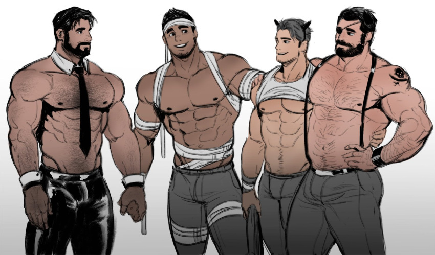 4boys abs arm_hair bandages bara bare_pectorals beard black_pants bulge chest_hair couple dark-skinned_male dark_skin demon_horns detached_collar eyepatch facial_hair halloween halloween_costume hand_on_another's_shoulder holding_hands horns jang_ju_hyeon large_pectorals latex male_focus mature_male multiple_boys muscular muscular_male mustache navel navel_hair necktie_between_pecs nipples original pants pectorals shirtless short_hair sideburns smile stomach stubble suspenders tank_top thick_eyebrows thick_thighs thighs white_tank_top wrist_cuffs yaoi