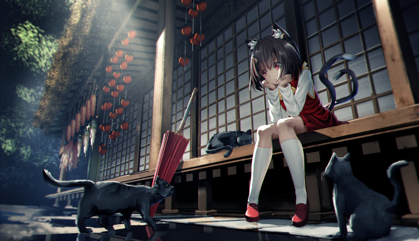 1girl animal_ear_fluff animal_ears black_cat carrot cat cat_ears cat_tail chen dress earrings eyebrows_visible_through_hair food hair_between_eyes headwear_removed highres jewelry long_sleeves looking_to_the_side multiple_tails nekomata oil-paper_umbrella radish red_dress red_eyes ribbon ryosios shoes shouji single_earring sitting sliding_doors tail touhou two_tails umbrella vegetable veranda white_legwear wooden_floor yellow_neckwear yellow_ribbon