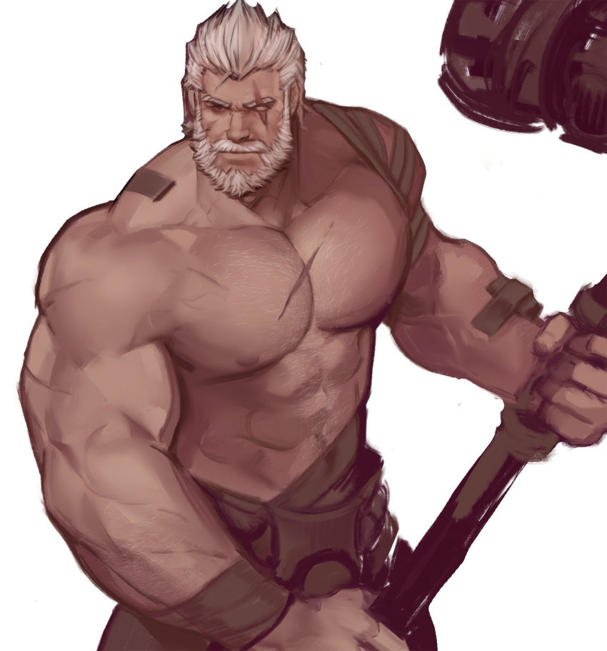 1boy abs alternate_costume bara beard blind facial_hair feet_out_of_frame fighting_stance hair_slicked_back hammer highres holding holding_hammer huge_weapon jang_ju_hyeon large_pectorals male_focus mature_male muscular muscular_male mustache navel nipples old old_man overwatch pectorals reinhardt_(overwatch) scar scar_across_eye scar_on_chest shirtless short_hair solo stomach thick_eyebrows weapon white_background white_hair wrinkled_skin