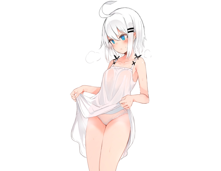 aqua_eyes blush dress no_bra original otokuyou panties polychromatic ringo-chan_(otokuyou) see_through short_hair sketch skirt_lift summer_dress underwear wet white white_hair