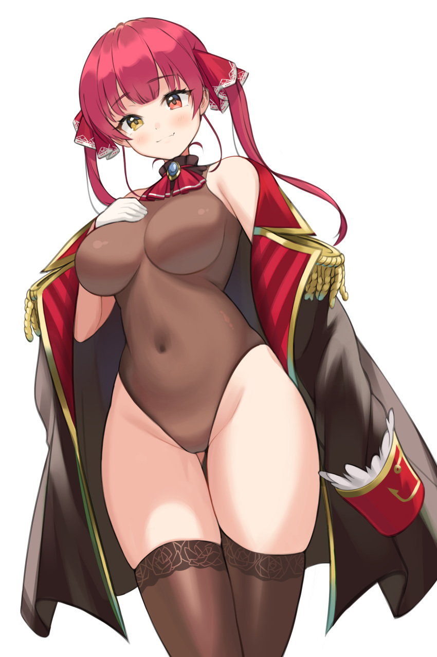 1girl absurdres ascot ass_visible_through_thighs bangs black_coat black_legwear breasts coat commentary_request cowboy_shot epaulettes gloves haeil2 hair_ribbon heterochromia highleg highleg_leotard highres hololive houshou_marine impossible_clothes impossible_leotard large_breasts leotard long_hair looking_at_viewer red_eyes red_hair red_neckwear red_ribbon revision ribbon sheer_leotard simple_background solo standing thighhighs twintails virtual_youtuber white_background white_gloves yellow_eyes