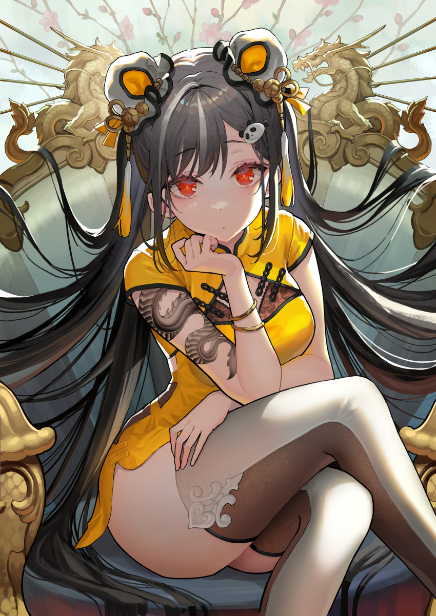 1girl absurdres black_hair breasts chair china_dress chinese_clothes crossed_legs double_bun dress hair_ornament highres legs long_hair looking_at_viewer medium_breasts okuma_mai on_chair original panda_hair_ornament red_eyes sitting thighhighs thighs twintails very_long_hair white_legwear yellow_dress