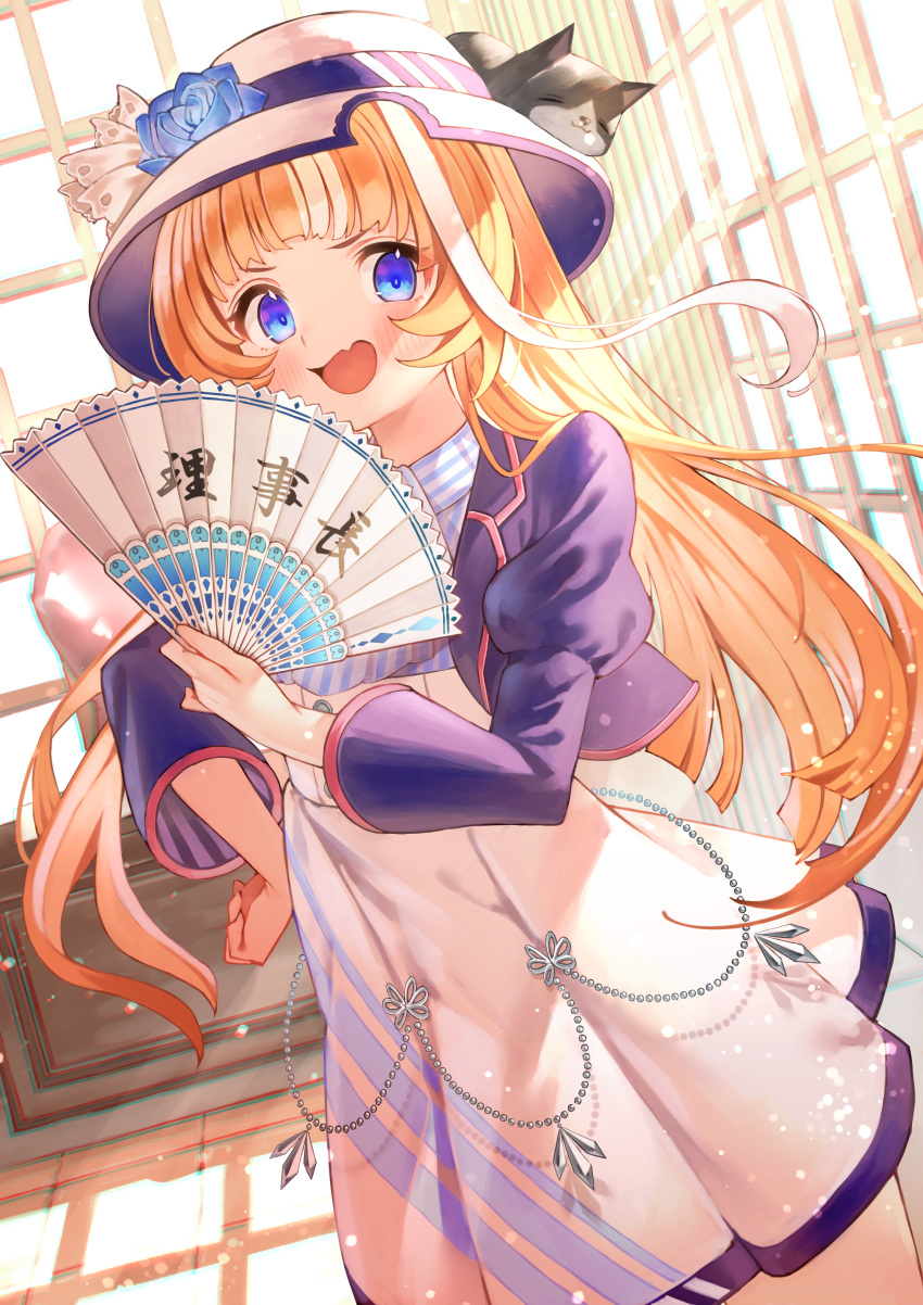 1girl :d absurdres akikawa_yayoi_(umamusume) animal_on_head bangs black_cat blue_eyes blue_flower blue_rose blush brown_hair cat cat_on_head commentary cowboy_shot cropped_jacket day dutch_angle fang flower folding_fan hand_fan hand_on_hip hat hat_flower high-waist_skirt highres holding holding_fan huge_filesize indoors jacket long_hair long_sleeves looking_at_viewer multicolored_hair on_head open_clothes open_jacket open_mouth purple_jacket rin31153336 rose shirt skin_fang skirt smile solo standing streaked_hair striped striped_shirt sun_hat umamusume white_hair white_headwear white_skirt