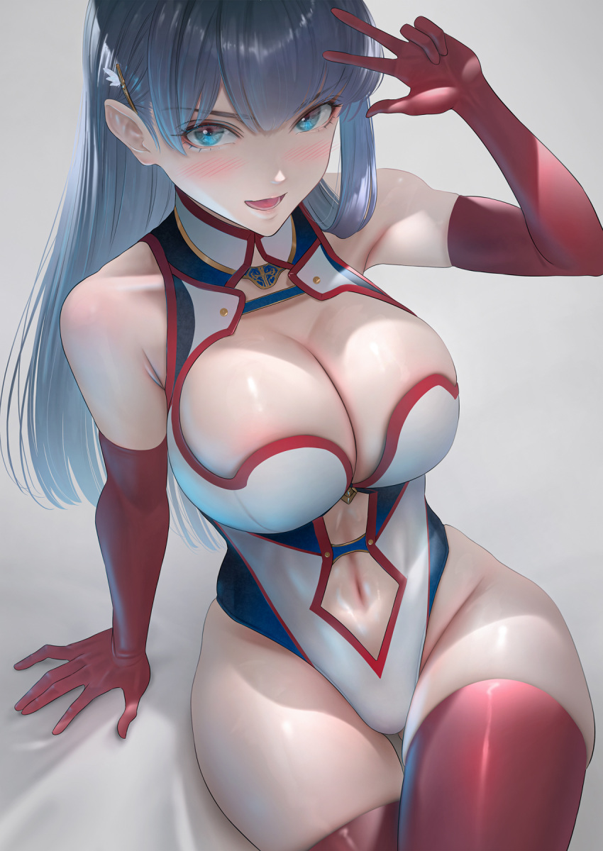 1girl ass_visible_through_thighs bangs bare_shoulders blue_eyes blush breasts center_opening cleavage clothing_cutout elbow_gloves eyebrows_visible_through_hair fate/grand_order fate_(series) gloves hair_ornament hairclip highleg highleg_leotard highres imizu_(nitro_unknown) large_breasts leotard long_hair looking_at_viewer martha_(fate) navel navel_cutout open_mouth purple_hair red_gloves red_legwear sitting smile solo thighhighs thighs v white_leotard