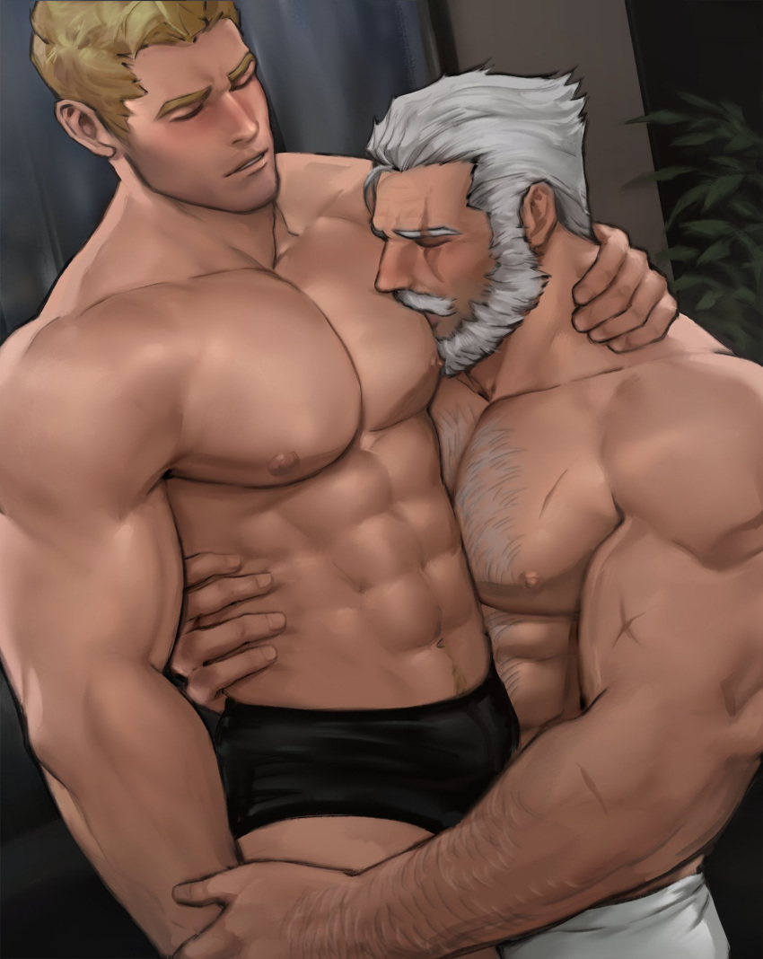 2boys abs age_difference arm_hair bara beard black_male_underwear blonde_hair blush boxer_briefs bulge character_request check_character chest_hair couple cross_scar facial_hair hair_slicked_back hand_on_another's_neck highres indoors jang_ju_hyeon large_pectorals male_focus male_underwear mature_male multiple_boys muscular muscular_male mustache navel navel_hair nipples old old_man overwatch pectoral_kiss pectorals reinhardt_(overwatch) scar scar_across_eye scar_on_arm scar_on_chest short_hair soldier:_76_(overwatch) stomach thick_eyebrows underwear underwear_only white_hair yaoi younger