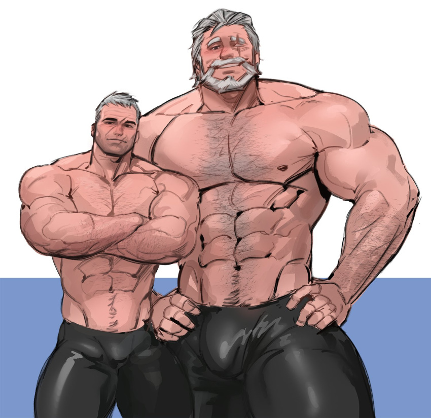 2boys abs arm_hair bara beard blind bulge chest_hair facial_hair giant giant_male hair_slicked_back hands_on_hips highres jang_ju_hyeon large_pectorals latex_pants looking_at_viewer male_focus mature_male multiple_boys muscular muscular_male mustache navel navel_hair nipples old old_man overwatch pectorals reinhardt_(overwatch) scar scar_across_eye shirtless short_hair size_difference soldier:_76_(overwatch) standing stomach thick_eyebrows thick_thighs thighs veins white_hair wrinkled_skin