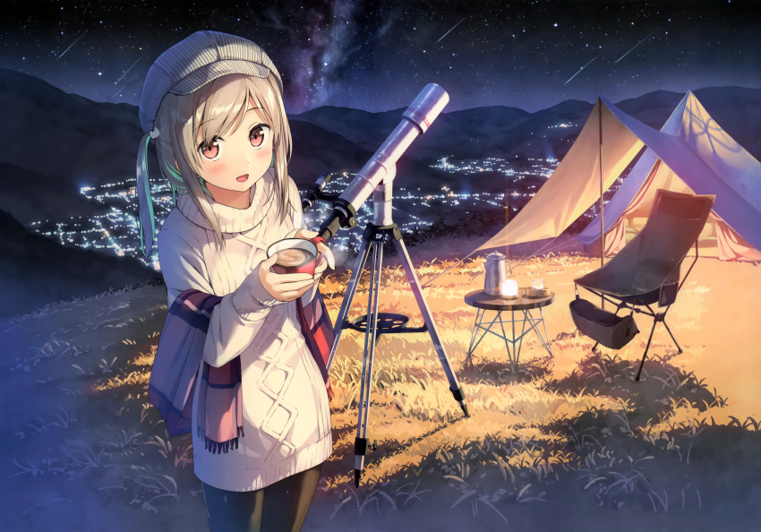 blush brown_hair drink grass hat kantoku long_hair night original pantyhose pink_eyes ponytail scan scarf sky stars