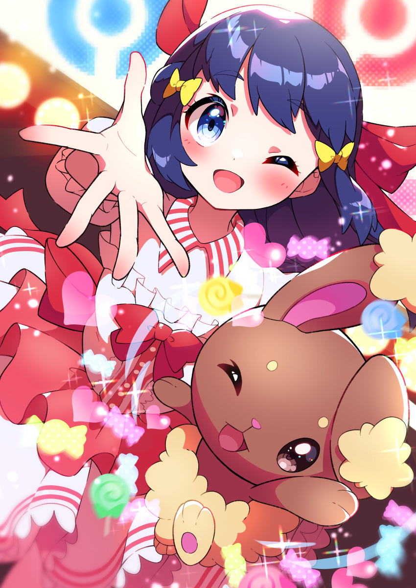 1girl ;d absurdres bangs blue_eyes blurry blush bow buneary collared_dress commentary dawn_(pokemon) dress eyelashes frills gen_4_pokemon hair_bow hand_up highres long_hair one_eye_closed open_mouth poke_ball_symbol pokemon pokemon_(creature) pokemon_(game) pokemon_bdsp pon_yui red_bow shiny shiny_hair smile spread_fingers tongue yellow_bow