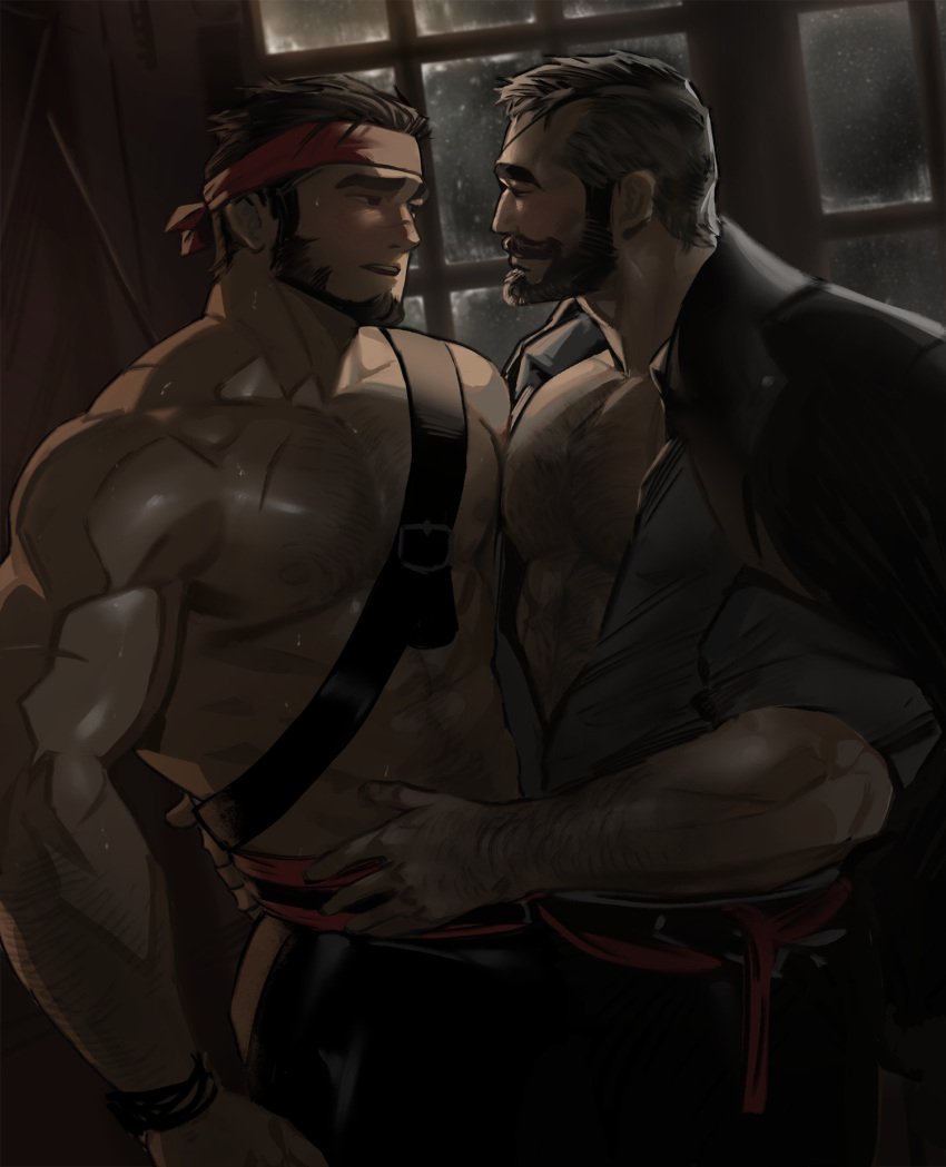 2boys abs arm_hair bara beard black_pants blush chest_hair chest_harness couple eye_contact facial_hair hand_on_another's_waist harness headband highres jang_ju_hyeon large_pectorals looking_at_another male_focus mature_male multiple_boys muscular muscular_male night nipples open_clothes open_shirt original pants pectoral_docking pectoral_press pectorals pirate rope scar scar_on_arm scar_on_chest shirtless short_hair stomach sweat thick_eyebrows yaoi
