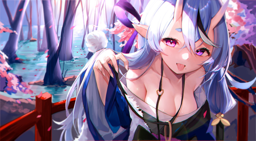 aliasing breasts cleavage demon dingding_tu fang forest gray_hair horns long_hair nijisanji petals pointed_ears purple_eyes rindou_mikoto tree