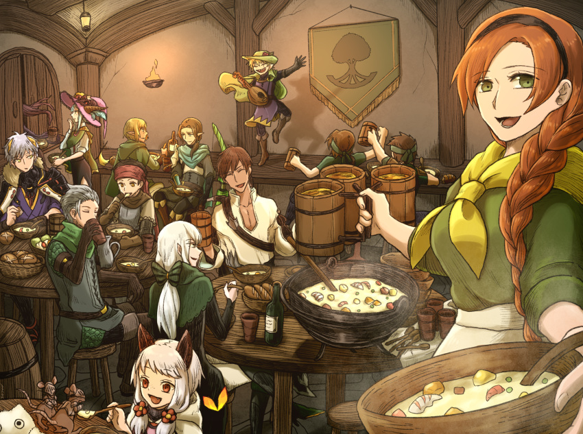 4girls 6+boys 90n_pacos annette_(pixiv_fantasia_last_saga) artist_name barrel beer_mug black_gloves bottle bow bowl bread brown_cape brown_footwear brown_gloves brown_hair cape character_request clenched_hand cloak comet_lulu commentary cup dancing darren_(pixiv_fantasia_last_saga) door drinking eating elliot_(pixiv_fantasia_last_saga) food gloves green_bow green_headwear hair_bow hat headband highres hood hood_down indoors instrument lantern long_hair mouse mug multiple_boys multiple_girls music pink_headwear pitcher pixiv_fantasia pixiv_fantasia_last_saga playing_instrument red_headwear scarf shinonome_shiden short_hair sitting spoon stew table theo_(pixiv_fantasia_last_saga) tunic white_hair wine_bottle yellow_scarf