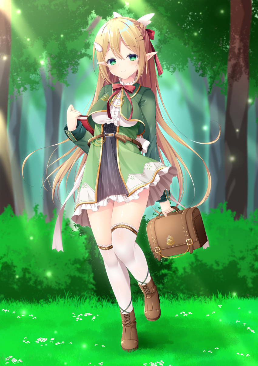 1girl absurdres bad_proportions belt blonde_hair blush book bow braid breasts brown_footwear day forest frills full_body green_eyes green_skirt hair_ornament hand_up highres luggage medium_breasts nature original outdoors pointy_ears red_bow red_neckwear skirt smile standing standing_on_one_leg sunlight thighhighs white_legwear yukimura_usagi