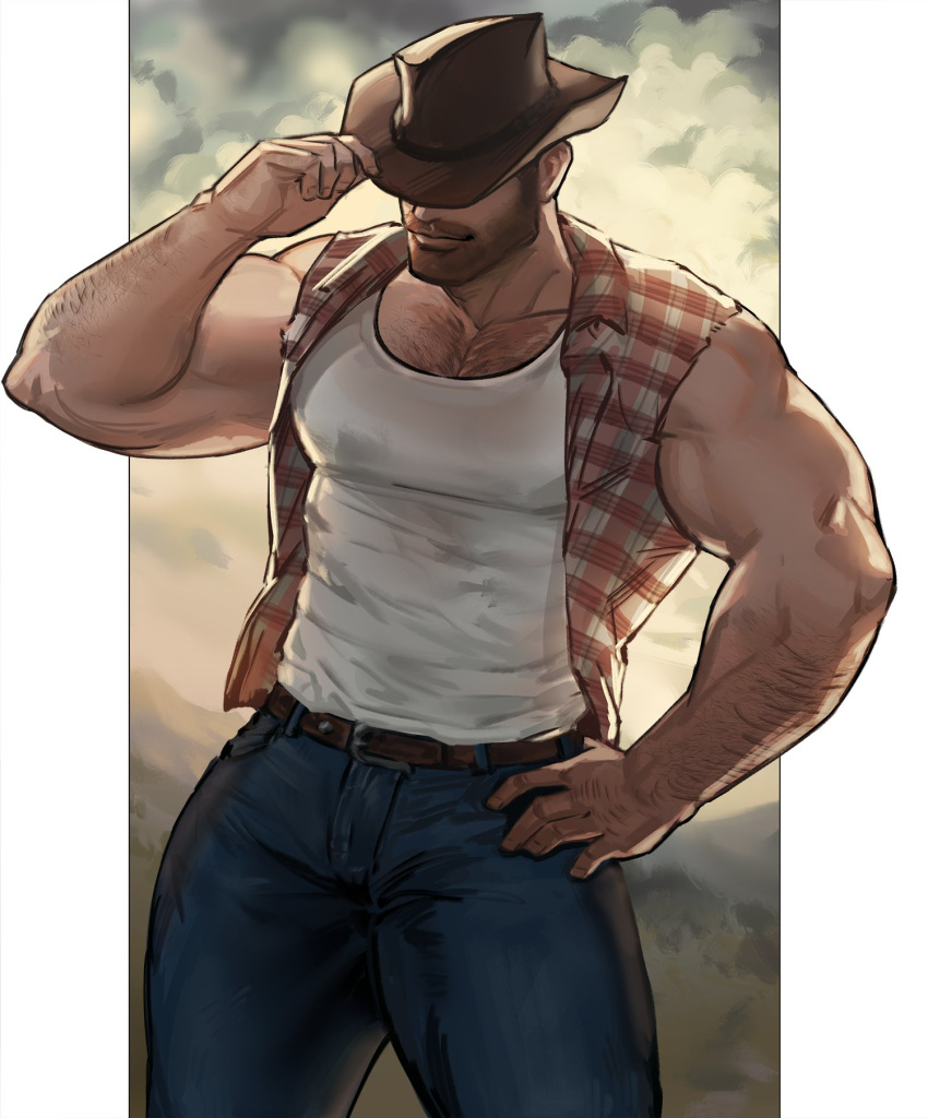 1boy arm_hair bara bare_shoulders beard biceps bulge chest_hair covered_eyes cowboy cowboy_hat denim facial_hair feet_out_of_frame hand_on_hip hat hat_over_eyes highres jang_ju_hyeon jeans large_pectorals male_focus mature_male muscular muscular_male mustache navel navel_hair original pants pectoral_cleavage pectorals shirt short_hair sideburns sleeveless sleeveless_shirt solo tank_top thick_eyebrows thick_thighs thighs western wet wet_clothes wet_shirt white_tank_top