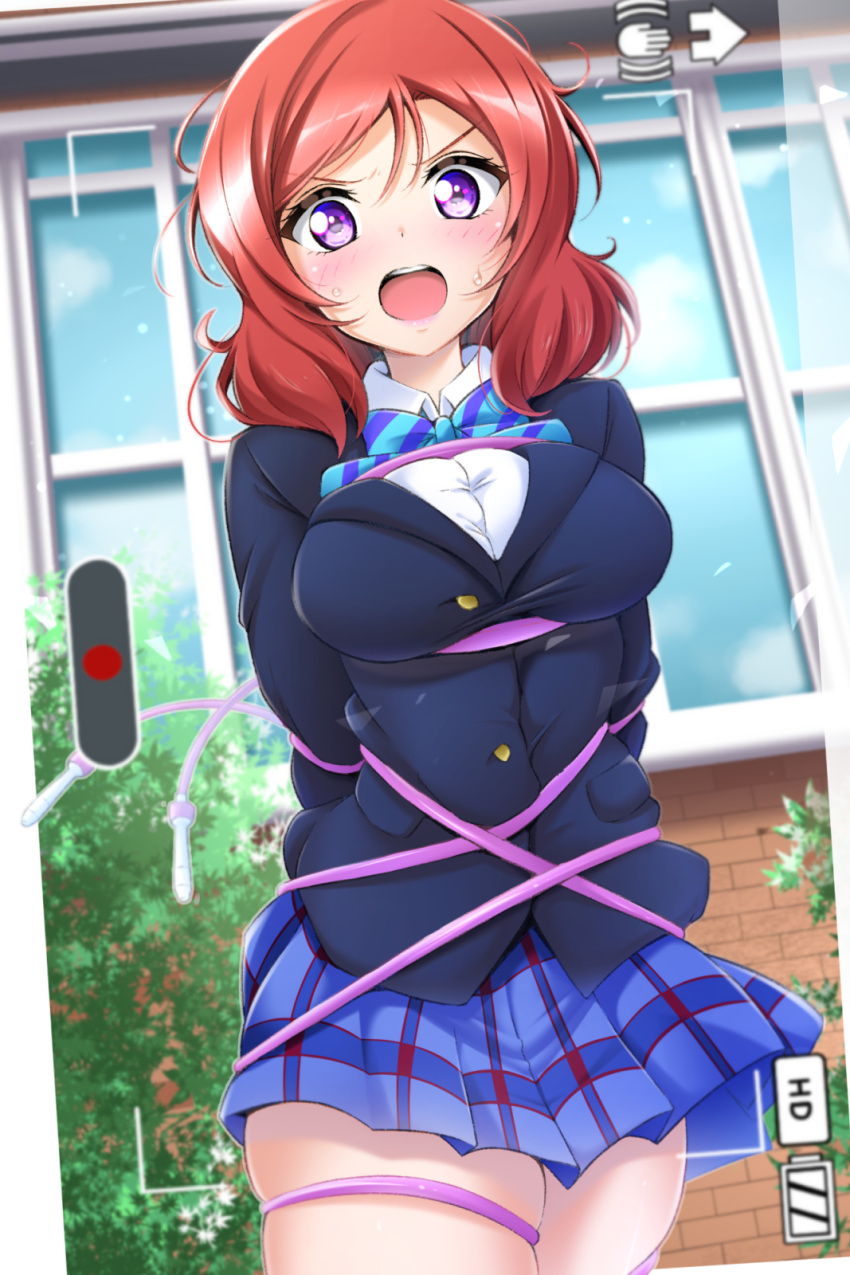 1girl arms_behind_back bdsm blue_jacket blue_neckwear blue_skirt blush bondage bound bow bowtie collared_shirt commentary_request cowboy_shot day highres jacket kirisaki_reina long_hair looking_at_viewer love_live! love_live!_school_idol_project nishikino_maki open_mouth outdoors plaid plaid_skirt pleated_skirt purple_eyes recording red_hair restrained school_uniform shirt skirt solo striped striped_neckwear tied_up traffic_light tree upper_teeth white_shirt