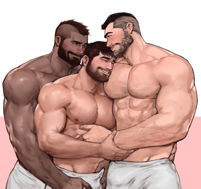 3boys abs arm_hair assisted_exposure bara bare_pectorals beard boy_sandwich bulge chest_hair crotch_grab dark-skinned_male dark_skin eye_contact face_to_pecs facial_hair grey_hair group_sex guided_pectoral_grab highres interracial jang_ju_hyeon large_pectorals looking_at_another male_focus mature_male mmm_threesome mohawk multiple_boys muscular muscular_male mustache naked_towel nipples old old_man original pectorals sandwiched short_hair sideburns smile stomach thick_eyebrows threesome towel undercut undressing_another very_dark_skin yaoi