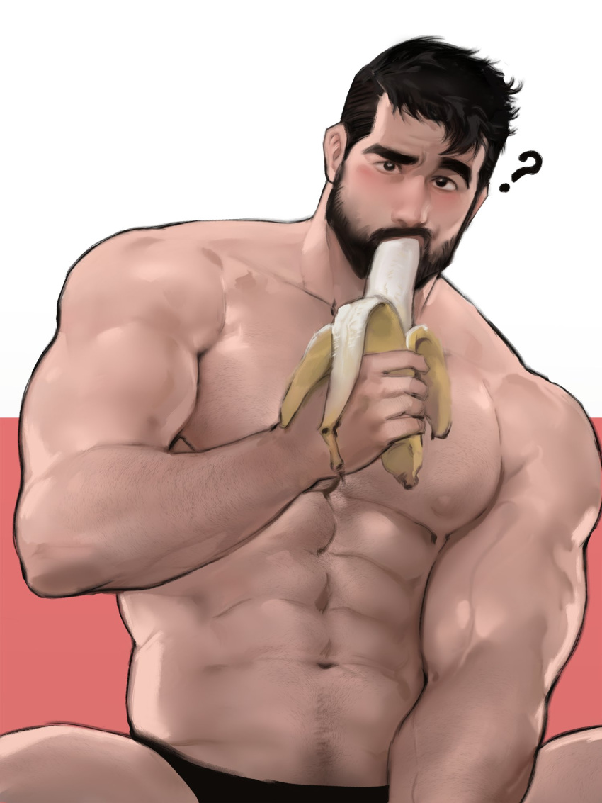 1boy ? abs banana bara beard black_male_underwear blush chest_hair eating facial_hair food fruit highres holding holding_food jang_ju_hyeon large_pectorals male_focus male_underwear mature_male muscular muscular_male mustache navel navel_hair nipples original pectorals raised_eyebrow short_hair solo stomach thick_eyebrows underwear underwear_only veins