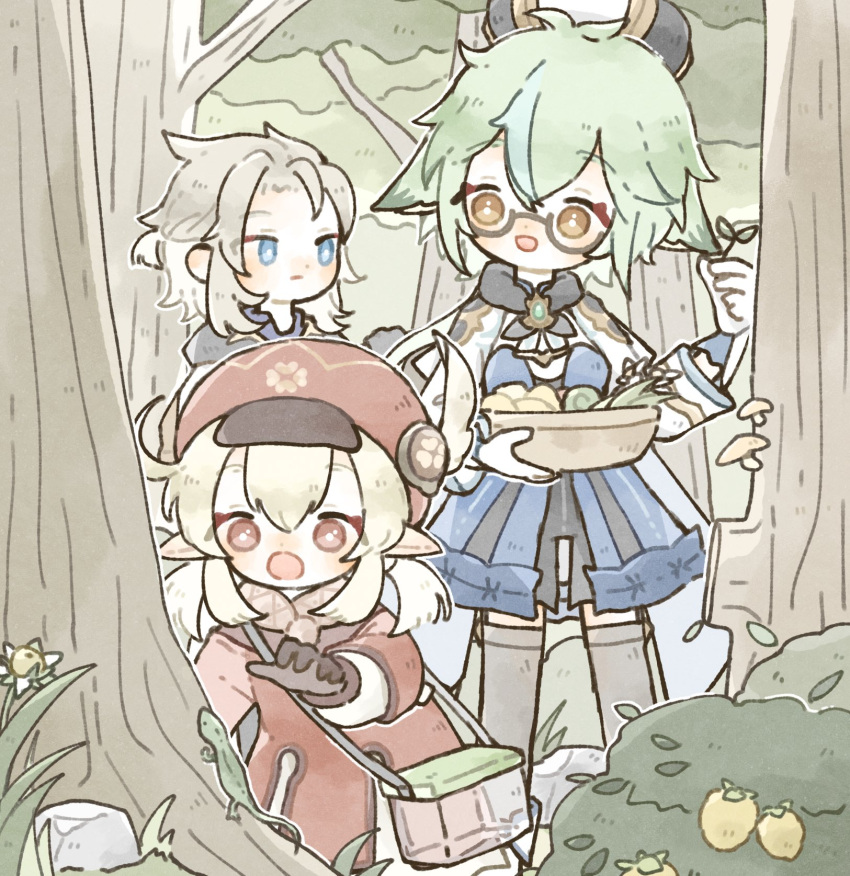 1boy 2girls ahoge albedo_(genshin_impact) animal animal_ears aqua_hair bangs berry blonde_hair blue_eyes brown_gloves bush closed_mouth clover day dress feathers flower forest four-leaf_clover genshin_impact glasses gloves green_hair grey_hair hat hat_feather highres insect_cage klee_(genshin_impact) lizard long_hair long_sleeves low_twintails multicolored_hair multiple_girls nature open_mouth outdoors red_dress red_eyes rock shionosuke standing streaked_hair sucrose_(genshin_impact) thighhighs tree twintails white_gloves yellow_eyes