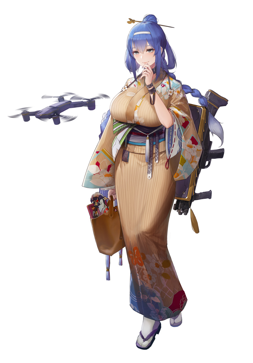 absurdres blue_hair breasts dp-12_(girls'_frontline) drone girls'_frontline gun highres japanese_clothes kimono pandea_work weapon