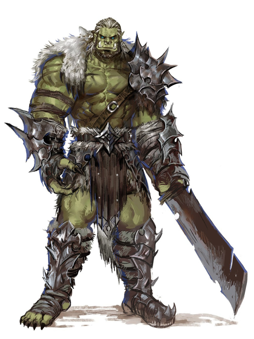 1boy abs arm_hair armor bara bare_pectorals beard blue_eyes chest_hair chest_harness colored_skin facial_hair fangs full_body gauntlets greaves green_skin grey_hair harness highres holding holding_sword holding_weapon jang_ju_hyeon loincloth looking_at_viewer male_focus mature_male monster_boy muscular muscular_male mustache nipples orc original pauldrons pectorals pelvic_curtain pointy_ears scar scar_on_arm scar_on_chest short_hair shoulder_armor single_bare_shoulder solo stomach sword thick_eyebrows weapon