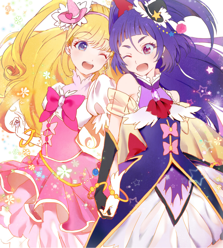 2girls ;d back_bow bangs black_gloves black_headwear blonde_hair blue_eyes bow bowtie bracelet cure_magical cure_miracle earrings elbow_gloves eyebrows_visible_through_hair floating_hair gloves hat highres jewelry jun_(nad-j) long_hair mahou_girls_precure! mini_hat mini_witch_hat multiple_girls one_eye_closed open_mouth pink_headwear pink_skirt precure purple_eyes purple_hair red_bow red_neckwear shirt short_sleeves side_ponytail skirt smile standing underbust very_long_hair white_gloves white_shirt white_skirt witch_hat