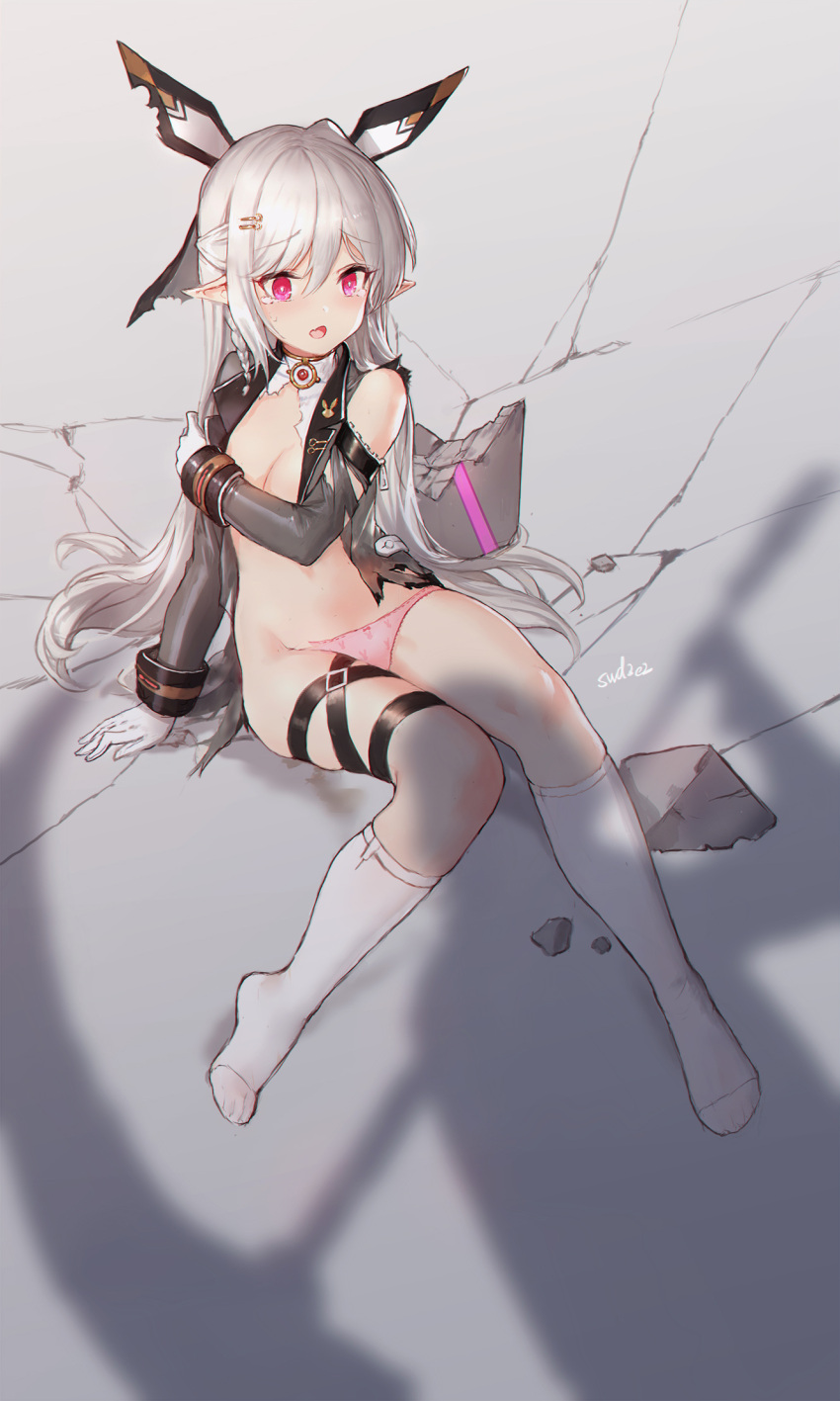 1girl blush breasts cleavage closers covering covering_breasts fang gloves highres kneehighs long_hair open_mouth panties pink_panties pointy_ears purple_eyes silver_hair sitting small_breasts solo swd3e2 tears torn_clothes underwear white_gloves white_legwear