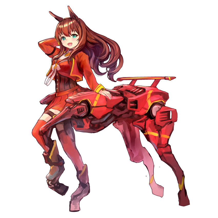 1girl :d absurdres animal_ears aqua_eyes arm_behind_head arm_up bangs blush bodice breasts brown_hair centaur commentary_request emutsuichi exoskeleton eyebrows_visible_through_hair floating_hair full_body hair_between_eyes highres horse_ears horse_girl horse_tail jacket large_breasts long_hair long_sleeves looking_at_viewer maruzensky_(umamusume) mecha_musume open_mouth pleated_skirt red_jacket red_legwear red_shirt red_skirt shirt sidelocks simple_background skirt smile solo standing standing_on_three_legs tail taur thigh_strap thighhighs umamusume white_background white_neckwear zettai_ryouiki