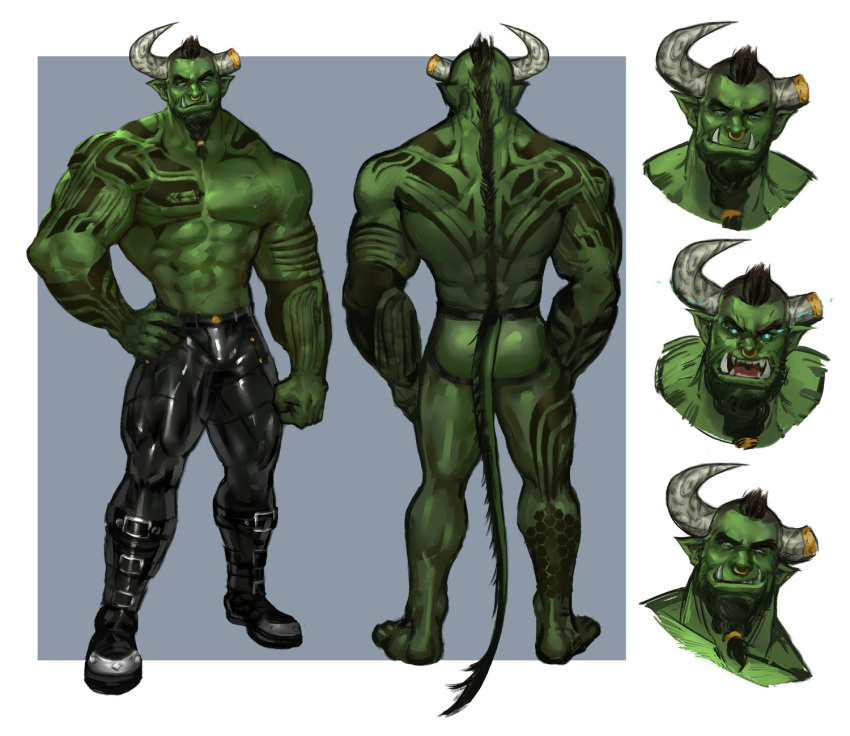 1boy abs arm_tattoo ass back_tattoo bara beard black_male_underwear black_pants broken_horn bulge chest_tattoo colored_skin commission dragon_boy dragon_horns dragon_tail expressions facial_hair fangs glowing glowing_eyes green_skin highres horns jang_ju_hyeon jockstrap large_pectorals latex_pants looking_at_viewer male_focus male_underwear mature_male mohawk monster_boy multiple_views muscular muscular_male mustache nipples nose_piercing nose_ring orc original pants pectorals piercing pointy_ears shiny shiny_clothes shirtless short_hair smile stomach tail tattoo taut_clothes taut_pants thick_eyebrows thick_thighs thighs underwear underwear_only