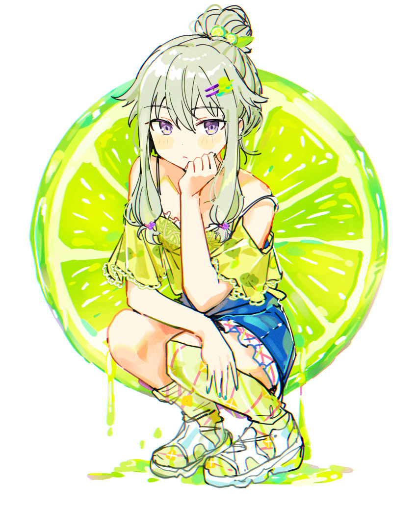 1girl absurdres blouse blue_nails blue_skirt bra bra_strap closed_mouth collarbone commentary_request dripping eyebrows_visible_through_hair food fruit full_body green_blouse green_legwear grey_hair hair_bun hair_ornament hairclip hand_on_own_chin highres huge_filesize kneehighs kusanagi_nene lime_(fruit) long_hair looking_at_viewer off-shoulder_shirt off_shoulder pjmiyo project_sekai purple_eyes shirt sidelocks simple_background skirt solo squatting strap_slip underwear white_background white_bra white_footwear