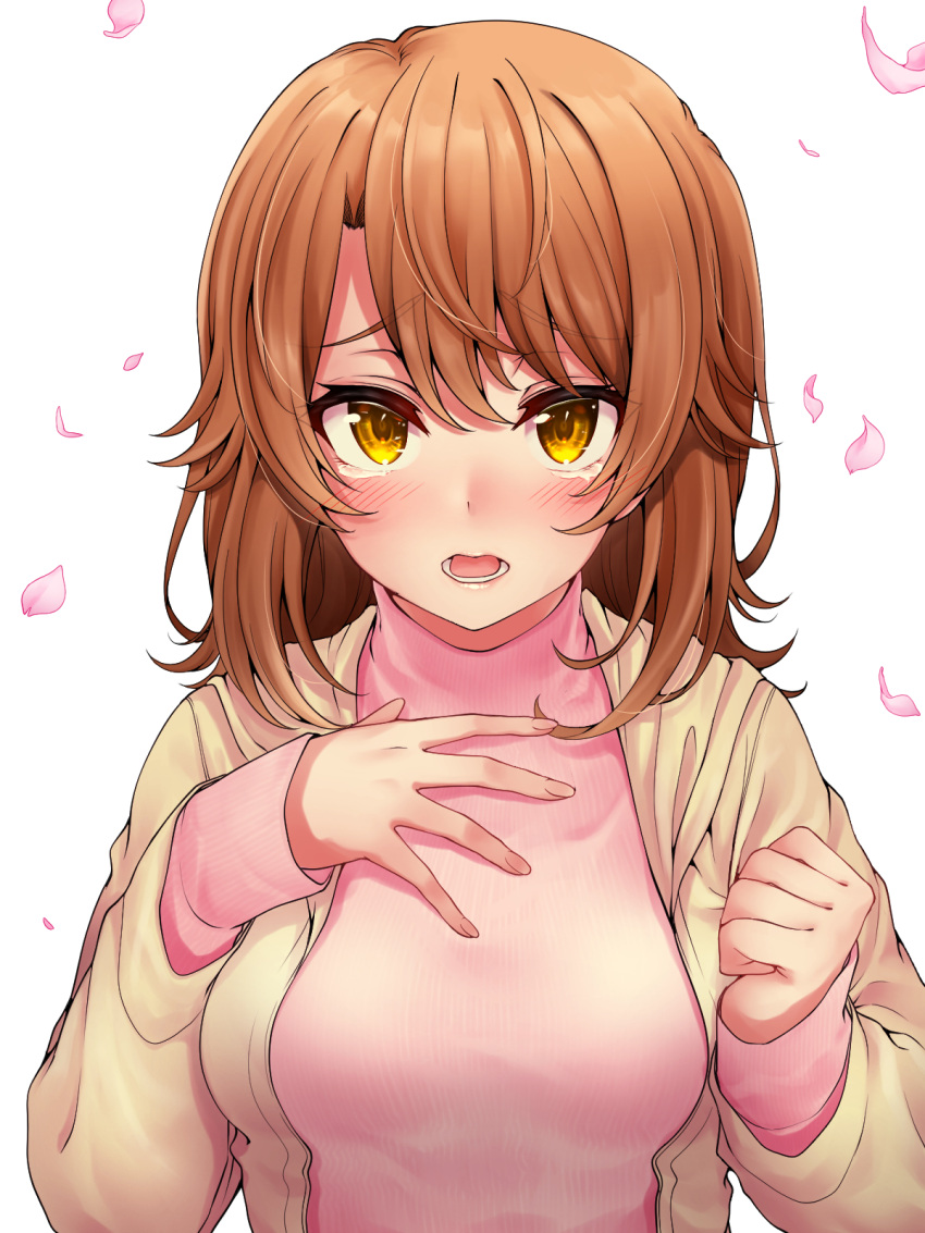 1girl bangs blush brown_hair eyebrows_visible_through_hair hair_between_eyes highres isshiki_iroha jacket long_hair long_sleeves looking_at_viewer open_clothes open_jacket open_mouth petals pink_sweater red_hayao shiny shiny_hair sleeves_past_wrists solo sweater tears upper_body white_background yahari_ore_no_seishun_lovecome_wa_machigatteiru. yellow_eyes yellow_jacket