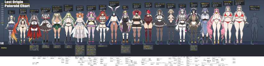 6+girls absurdly_long_hair absurdres alvis_(last_origin) animal_ears black_swimsuit blonde_hair boryeon_(last_origin) braid breasts bright_pupils brown_bodysuit bunny_pose bust_chart carolina_(last_origin) cat_ears cat_girl cerberus_(last_origin) character_request chart cheerleader cleavage colored_inner_hair cross cross_earrings curvy dark-skinned_female dark_blue_hair dark_elf dark_elven_forest_ranger dark_skin draculina_(last_origin) earrings elf elven_forest_maker eyewear_on_head fake_horns fenrir_(last_origin) green_eyes gyaru height_chart heterochromia highres horns huge_breasts jewelry kogal last_origin lineup long_hair maid_headdress may_of_doom micro_shorts microskirt mikasayaki mole mole_on_breast mole_under_eye mole_under_mouth multicolored_hair multiple_braids multiple_girls oberonia_rhea orange_hair pink_hair playboy_bunny poi_(last_origin) pointy_ears pun rabbit_ears red_hair revision ribbed_legwear ribbed_shirt shirt short_shorts shorts skirt slingshot_swimsuit sunglasses swimsuit translation_request tri_braids triangle_hair_ornament two-tone_cape two-tone_hair vampire very_long_hair white_eyelashes wing_hair_ornament wolf_ears