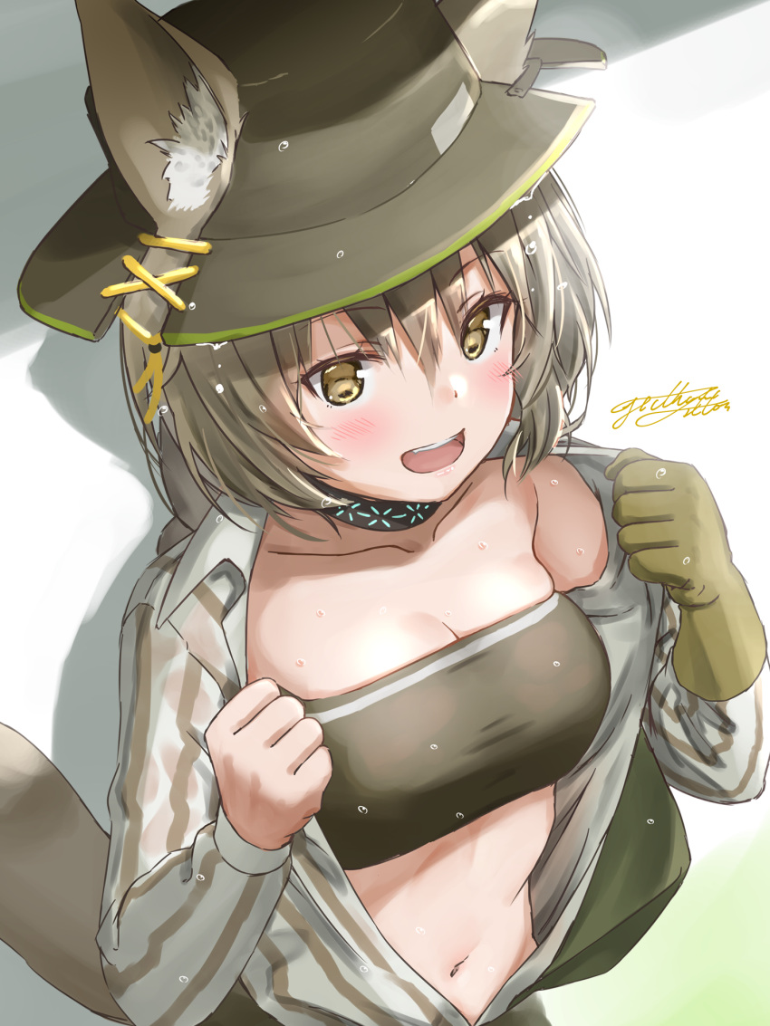 1girl :d animal_ears arknights bandeau bare_shoulders beanstalk_(arknights) black_choker breasts brown_eyes choker cleavage collarbone ears_through_headwear fedora gloves grey_hair grey_shirt hat highres hyena_ears hyena_girl hyena_tail infection_monitor_(arknights) long_hair long_sleeves looking_at_viewer medium_breasts midriff navel off_shoulder open_clothes open_mouth open_shirt shirt single_glove smile solo stomach strapless striped striped_shirt sweat tail tubetop upper_body yukinoshiro