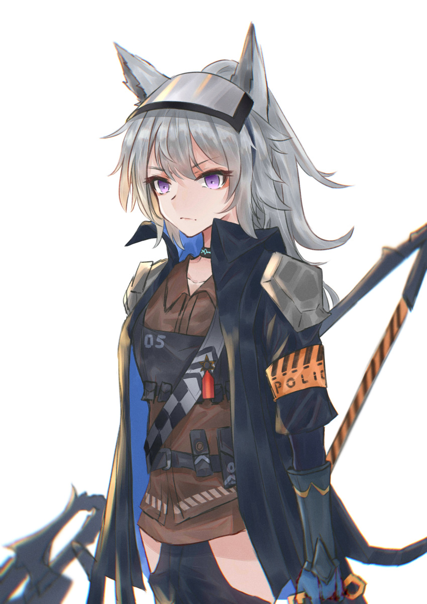 1girl absurdres animal_ears arknights armband belt belt_pouch black_choker black_coat black_gloves black_pants brown_shirt choker closed_mouth coat cowboy_shot dafenpipixia eyebrows_visible_through_hair flat_chest gloves grani_(arknights) hair_between_eyes highres hip_vent holding holding_weapon horse_ears infection_monitor_(arknights) looking_ahead medium_hair open_clothes open_coat pants ponytail pouch purple_eyes shirt solo v-shaped_eyebrows visor_cap weapon