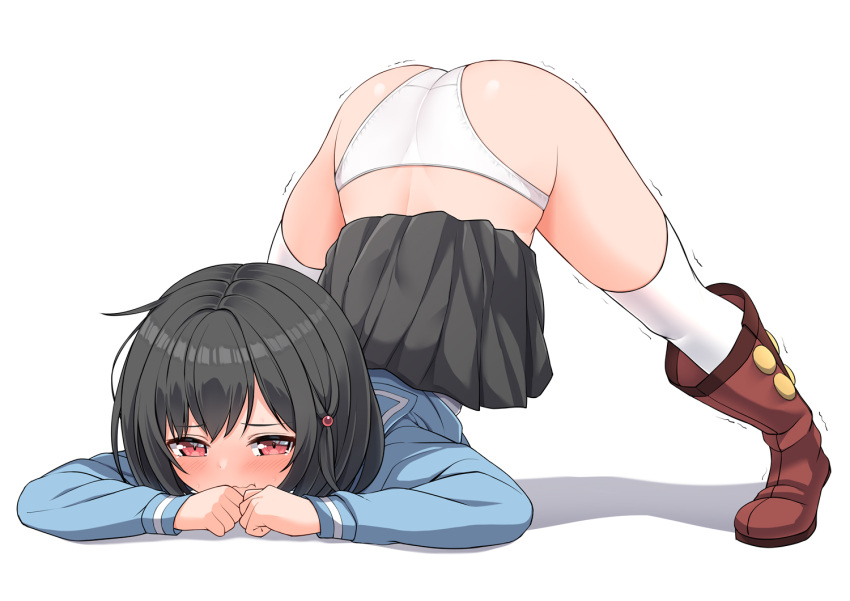 1girl ass bangs black_hair black_skirt blue_sailor_collar blue_shirt blush boots brown_footwear chaostein closed_mouth clothes_lift commentary_request eyebrows_visible_through_hair full_body granblue_fantasy jack-o'_challenge knee_boots long_sleeves pleated_skirt red_eyes sailor_collar school_uniform serafuku shadow shirt skirt skirt_lift solo thighhighs thighhighs_under_boots top-down_bottom-up trembling vikala_(granblue_fantasy) wavy_mouth white_background white_legwear