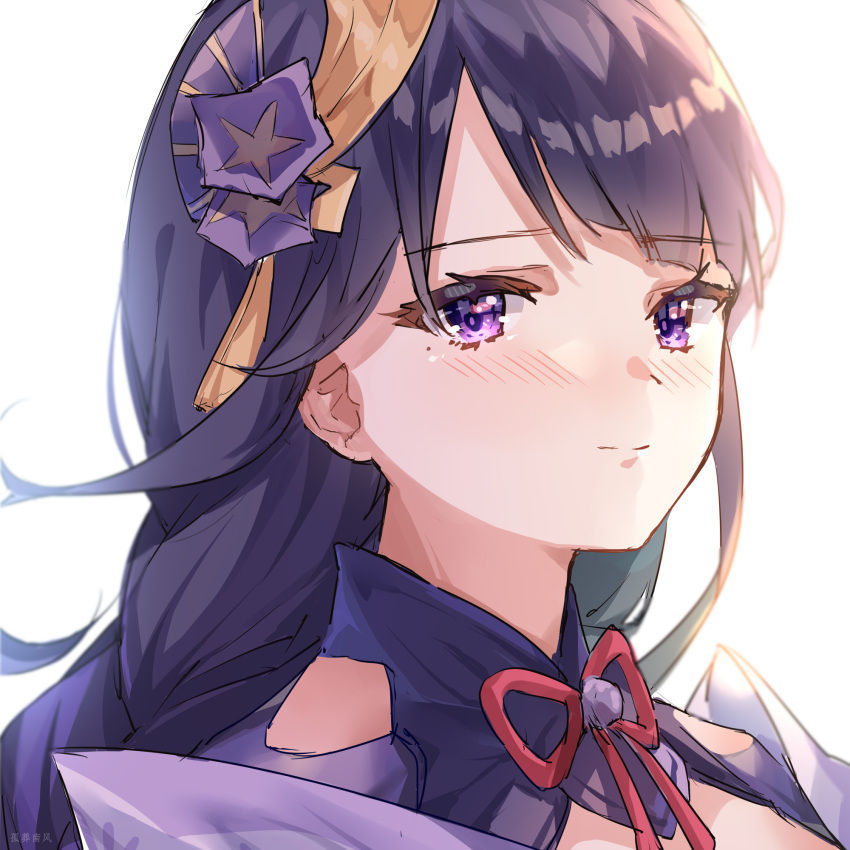 1girl bangs blush braid closed_mouth commentary_request eyebrows_visible_through_hair flower genshin_impact guzangnanfeng hair_ornament highres long_hair looking_at_viewer mole mole_under_eye purple_eyes purple_flower purple_hair raiden_shogun ribbon solo tassel white_background