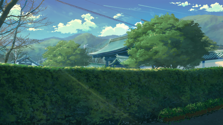 architecture blue_sky cloud commentary condensation_trail day east_asian_architecture hedge_(plant) highres kamo_nasus. light_rays mountain no_humans original outdoors power_lines scenery shrine sky sunlight tree