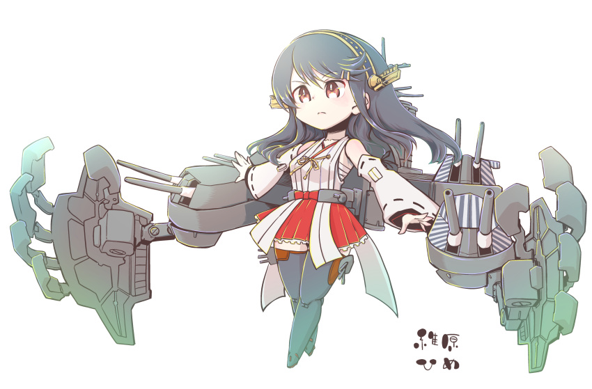 1girl armor_girls_project black_hair boots brown_eyes camouflage cannon dazzle_paint detached_sleeves full_body hair_ornament hairband hairclip haruna_(kancolle) headgear highres hime_(himesama_2c) japanese_clothes kantai_collection long_hair nontraditional_miko red_skirt remodel_(kantai_collection) ribbon-trimmed_sleeves ribbon_trim rigging sarashi skirt solo standing thigh_boots thighhighs turret