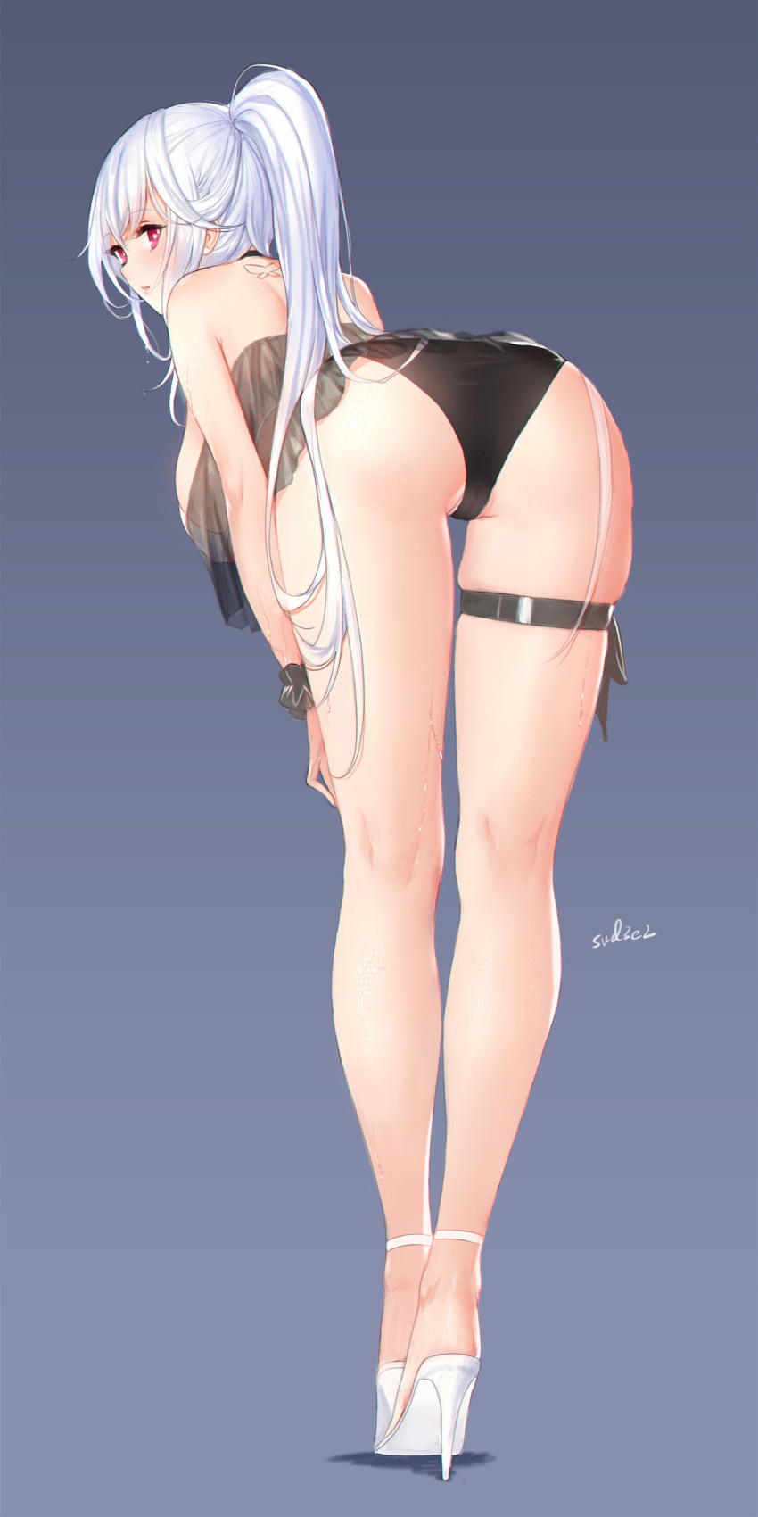 1girl absurdres ass back bikini black_bikini black_gloves blush breasts cameltoe closers gloves hanging_breasts high_heels highres long_hair looking_at_viewer parted_lips ponytail red_eyes solo swd3e2 swimsuit thigh_strap wet white_bikini white_footwear white_hair