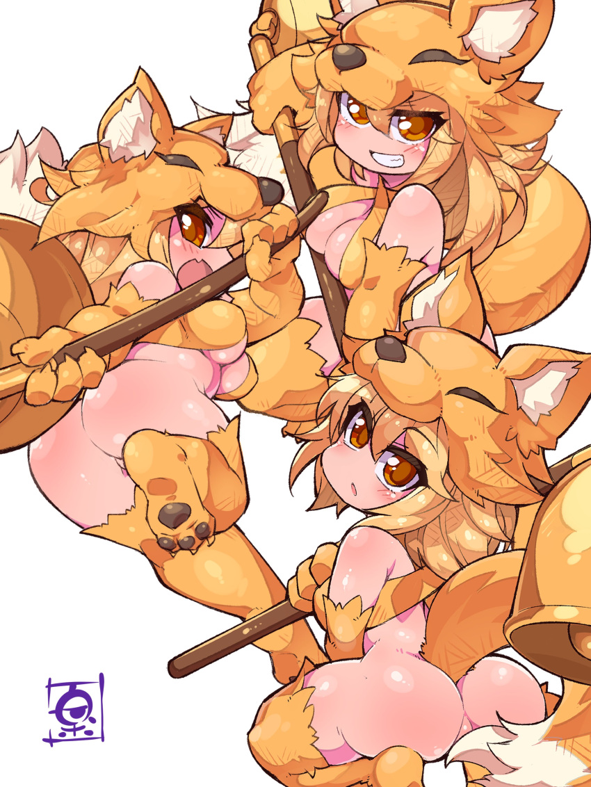 1girl absurdres animal_feet animal_hands ass bangs bell blonde_hair blush bottomless breasts brown_eyes cleavage commentary_request commission fang fox_girl fox_hat fox_tail fukurou_(owl222) full_body grin highres holding holding_staff looking_at_viewer looking_back medium_breasts medium_hair moonlight_flower open_mouth partially_visible_vulva ragnarok_online second-party_source signature simple_background skeb_commission skin_fang smile squatting staff tail white_background